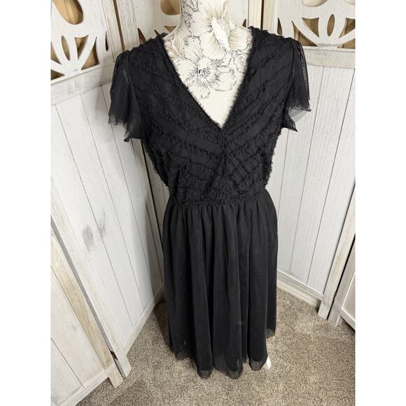 WAYWARD FANCIES eShakti Black V Neck Ruffle Mesh Tulle Dress Size Medium Whimsy - Picture 1 of 7
